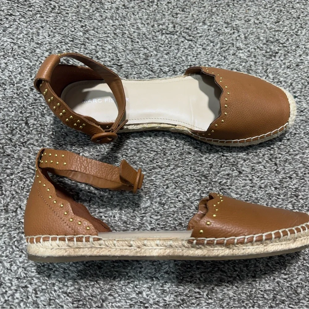 Marc Fisher Jarquis Espadrille Sandals Tan Studded Ankle Strap Size 8.5 Leather - Picture 2 of 14